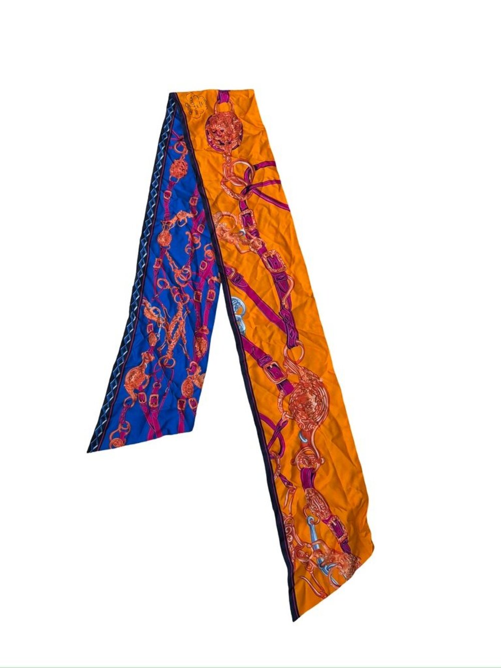 Hermes Orange Blue Brides de Gala Applique Chain Strap Silk Twilly Scarf